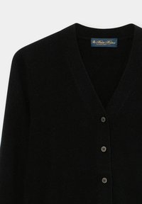 Cardigan nero con scollo a V, maniche lunghe e cinque bottoni. Realizzato in materiale morbido con una texture liscia. Design classico.