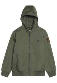 Zielona polarowa kurtka z kapturem na zamek, z ściągaczami przy mankietach i dolnej krawędzi, bocznymi kieszeniami oraz naszywkami z logo na klatce piersiowej i lewej rękawie.
