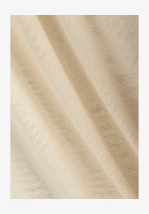 Helles beigefarbenes Gewebe mit einer feinen, weichen Textur und diagonaler Rippenstruktur, die glatte, gleichmäßige Webarten und einen subtilen Glanz zeigt.