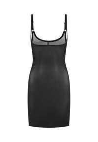 Abito bodycon nero con spalline regolabili, texture liscia e silhouette aderente. Presenta un pannello trasparente vicino al collo.