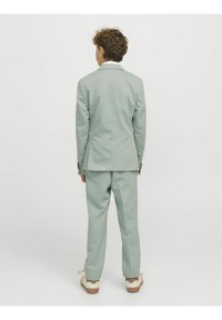Jasnozielony garnitur o dopasowanym kroju, składający się z marynarki z zapięciem na jeden guzik i dopasowanych spodni. Okrągły kołnierz i subtelne detale tekstury.