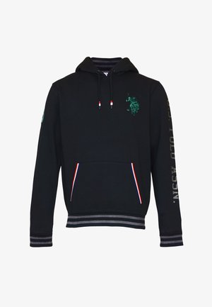 Felpa nera con cappuccio con logo di giocatore di polo verde sul petto, rifiniture rosso-bianco-blu sulle tasche frontali e polsini e orlo a righe.