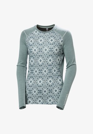 Long-sleeve shirt in light teal with patterned central panel featuring a diamond design in shades of blue and white, textured sleeves.