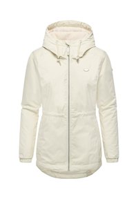 Hvit isolert jakke med hette, som har glidelås foran, snøring ved halsen og mykt foret innside for varme.