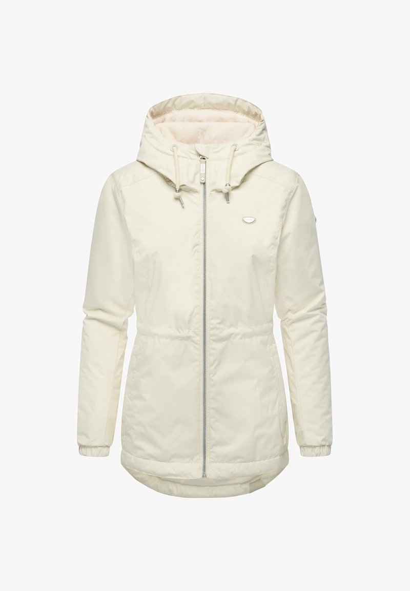 Hvit isolert jakke med hette, som har glidelås foran, snøring ved halsen og mykt foret innside for varme.