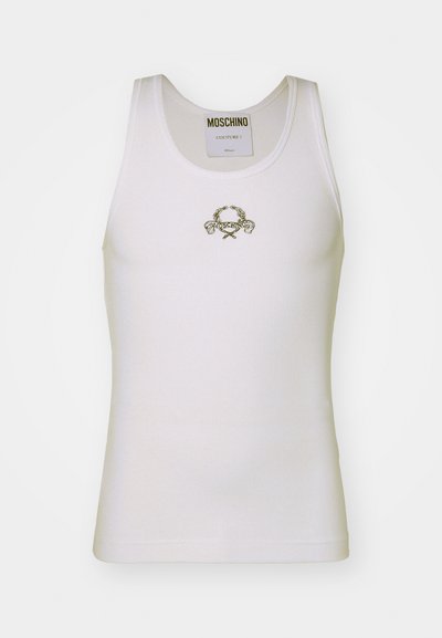 Baltas banguotas tank top'as su auksiniu siuvinėtu logotipu, dekoratyviais akcentais, apvalia iškirpte ir be rankovių dizainu.