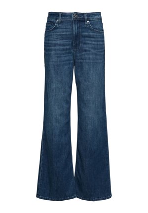 Wijdvallende jeans in donkerblauwe denim, met een hoge taille en riemlussen, voorzakken en een subtiele vervaagde textuur. Klassiek vijf-pocket ontwerp.