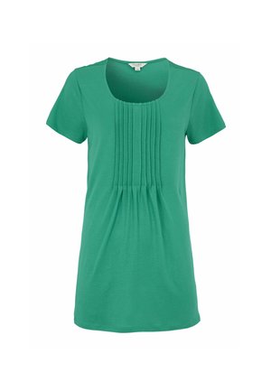 Groen dames top met korte mouwen, ronde halslijn en verticale plooien in het midden aan de voorkant.