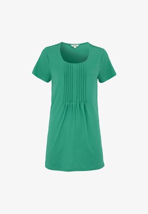 Grünes Damenoberteil mit kurzen Ärmeln, Rundhalsausschnitt und vertikalen Plisseefalten in der Mitte vorne.