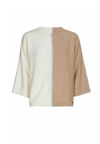 Open-knit pullover trui met een gesplitst ontwerp in crème en beige, met korte mouwen en een geribbelde halslijn. Zachte textuur, casual pasvorm.