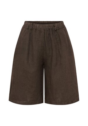 Brune løstsiddende shorts til knæet med elastisk talje og bæltestropper, lavet af tekstureret stof.