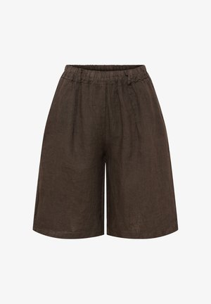 Brune løstsiddende shorts til knæet med elastisk talje og bæltestropper, lavet af tekstureret stof.