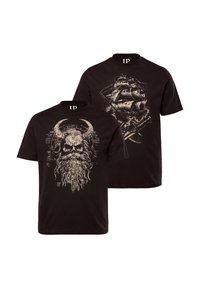 Camiseta de algodón negra con un diseño vikingo que presenta una figura con barba en un lado y un gráfico de un barco en la parte posterior. Manga corta, cuello redondo.