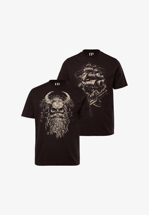 Czarny t-shirt z bawełny z wzorem wikinga, który przedstawia postać z brodą z jednej strony oraz grafiką statku na odwrocie. Krótkie rękawy, okrągły dekolt.