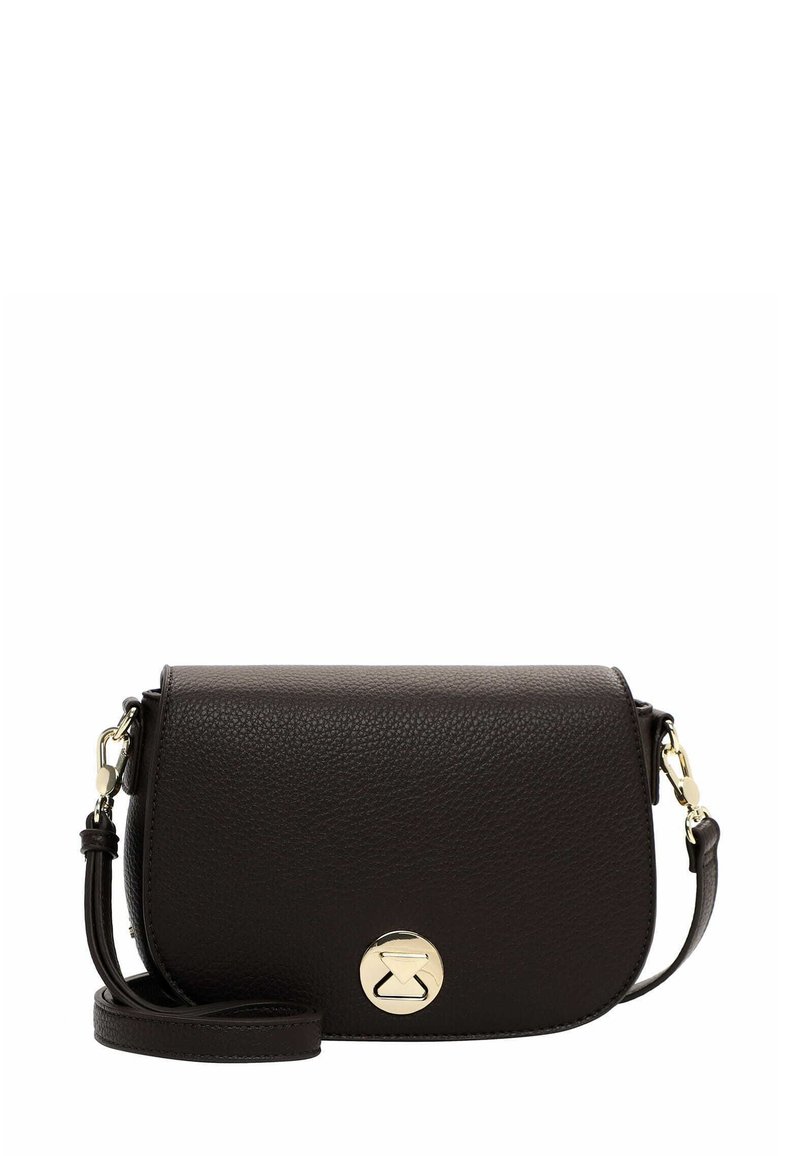 Braune genarbte Leder-Crossbody-Tasche mit einem geschwungenen Klappenverschluss. Sie verfügt über einen Verschluss aus goldfarbenem Metall und einen abnehmbaren Riemen für zusätzliche Vielseitigkeit.