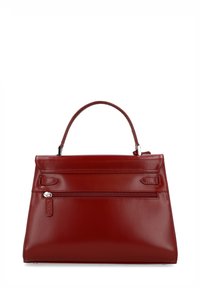 Sac à main en cuir rouge avec un design structuré, doté d'une poignée supérieure, d'une poche zippée à l'avant et de détails de couture élégants pour un aspect soigné.