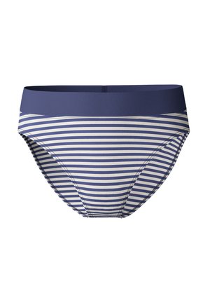 Striped bikini briefs in navy and cream. Featuring a wide elastic waistband and soft fabric with a smooth texture. Mid-rise design.