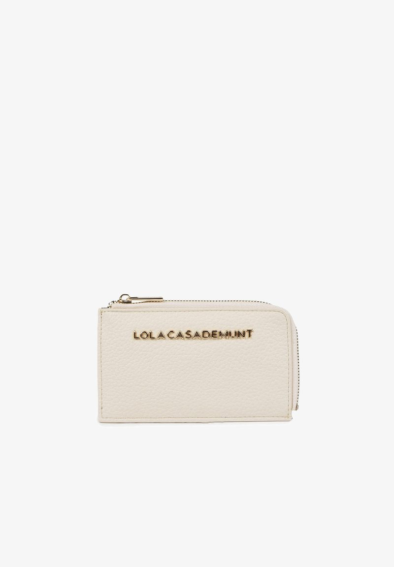 Cream faux leather wallet with textured surface, zip closure, and logo in gold hardware. Rectangular shape, compact size.