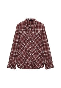 Červená a bílá kostkovaná košile s dlouhými rukávy, límečkem, zapínáním na knoflíky a výraznými diagonálními a horizontálními pruhy.