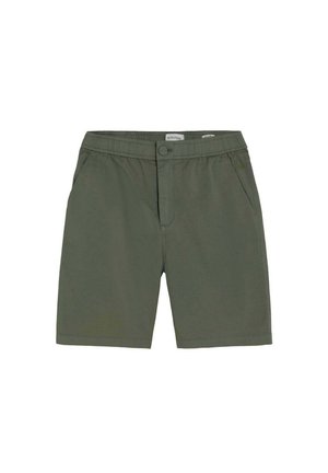 Pantalones cortos casuales de color verde oliva con bolsillos delanteros, cierre con botones y cintura elástica, aptos para usar en clima cálido.