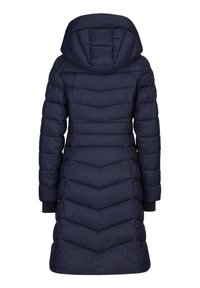 Marine gewatteerde jas met capuchon, voorzien van een chevrondesign, elastische manchetten en een knielange snit voor warmte en bedekking.