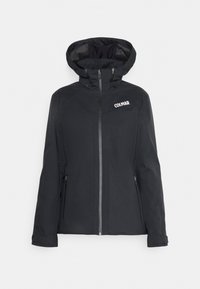 Schwarze Colmar Zip-Jacke mit Kapuze, zwei seitlichen Reißverschluss-Taschen und Logo auf der linken Brust, entworfen für Outdoor-Bekleidung.