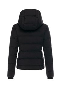 Juodas paminkštintas švarkas su gobtuvu, elastingais rankogaliais ir siuvinėtais intarpais. Medžiaga atrodo lygi su matinio paviršiaus apdaila.