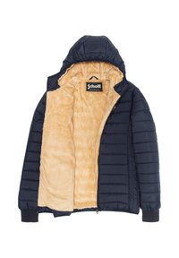 Marineblå dunjakke med hætte, der har en fluffy beige foring og ribstrikkede manchetter. Ydermaterialet er glat med quilte detaljer.