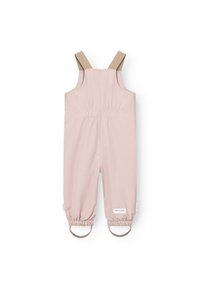 Lichtroze kinderoverall met beige banden, elastische boorden bij de enkels en een geplooide rug voor comfort. Gemaakt van lichtgewicht stof.