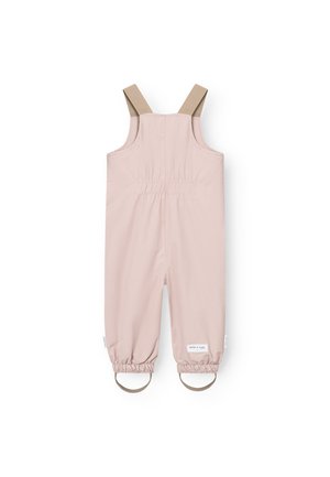 Pale pink children's overall with beige straps, elastic cuffs at the ankles, and a gathered back for comfort. Made from lightweight fabric.