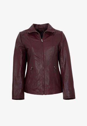 Bordeauxroter Lederjacke mit Reißverschluss vorne, spitzem Kragen und zwei Seitentaschen. Verfügt über detaillierte Nähte und eine taillierte Silhouette.