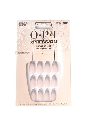 Paquet de faux ongles OPI xPRESS/ON comprenant 30 faux ongles longs nude avec des pointes argentées scintillantes. Inclut de la colle à ongles, une lime, un bâton à cuticules et un pad de préparation.