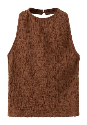 Haut sans manches marron texturé avec un col rond et une petite fente au dos sécurisée par une fermeture à nouer en tissu.