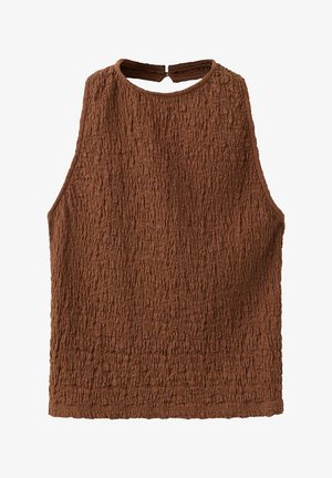 Haut sans manches marron texturé avec un col rond et une petite fente au dos sécurisée par une fermeture à nouer en tissu.