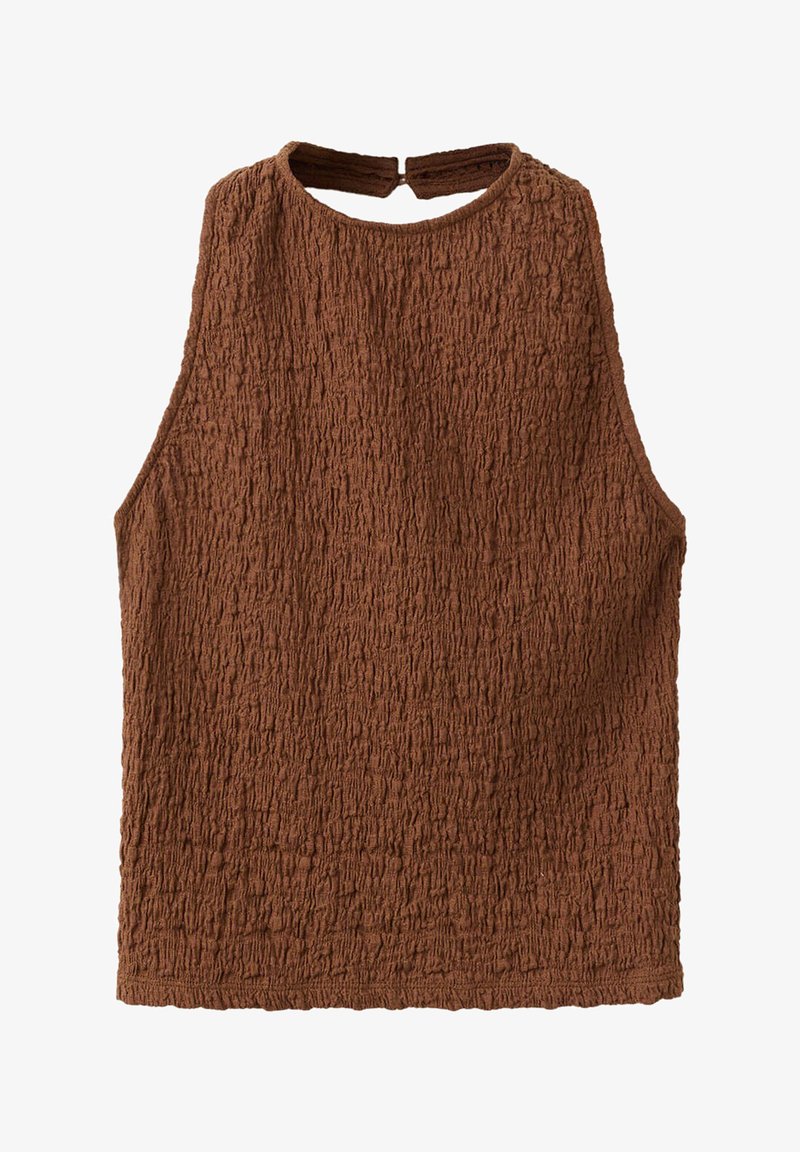 Haut sans manches marron texturé avec un col rond et une petite fente au dos sécurisée par une fermeture à nouer en tissu.