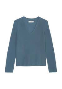 Pull en maille bleu à manches longues avec col en V et texture côtelée, posé à plat sur un fond blanc.