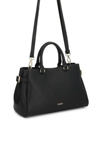 Sac à main en cuir noir avec une surface texturée, double poignée supérieure, bandoulière amovible et accents en métal doré. Présente un logo de marque.