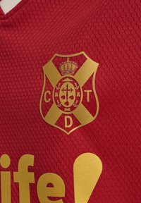 Rode gestructureerde sporttrui met een gouden embleem met een kroon en de letters "C," "T," en "D," naast het woord "life" in goud.