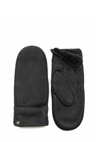 Schwarze Lederfäustlinge mit glatter Oberfläche. Ein Fäustling verfügt über ein Innenfach für die Finger. Schurwollbesatz am Bündchen mit dekorativer Naht.