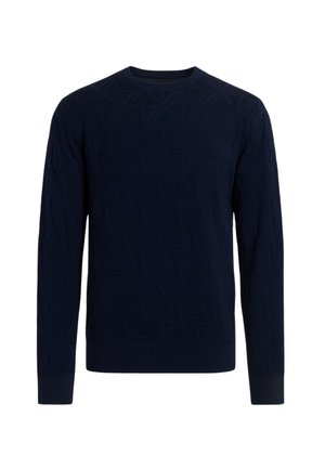 Maglione blu navy con un motivo testurizzato di triangoli interconnessi, colletto rotondo e polsini e orlo a coste. Tessuto in misto cotone per il comfort.