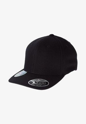 Casquette de baseball noire en tissu structuré, avec une visière incurvée, un design à six panneaux et une marque Flexfit 110 sur le devant.