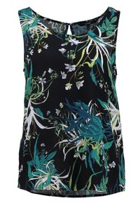 Top senza maniche nero con un motivo floreale in verde, bianco e viola. Tessuto liscio con dettaglio a chiave sul collo.