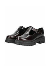 Chaussures Mary Jane en cuir noir avec un design à bandoulière en T, détail de boucle et semelle en caoutchouc épaisse avec motif de traction. Fini lisse et brillant.