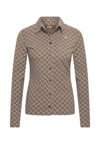 Bruine long-sleeve shirt met een geometrisch wit bloemenpatroon, knoopsluiting aan de voorkant en een klassieke kraag. Gemaakt van een katoenmix.