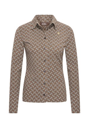 Camicia a maniche lunghe marrone con un motivo floreale geometrico bianco, apertura con bottoni e colletto classico. Tessuto in misto cotone.