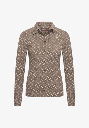 Brown long-sleeve shirt featuring a geometric white floral pattern, button front, and a classic collar. Cotton blend fabric.