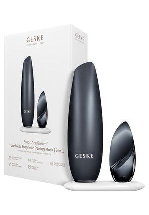 Strak zwart Geske Touchless Magnetic Peeling Mask-set met twee apparaten op een witte basis en verpakking die de 5-in-1 slimme huidbehandelingsfuncties benadrukt.