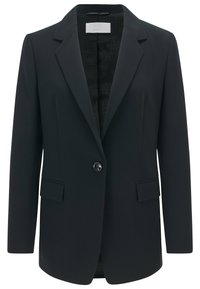 Black blazer with a smooth texture, single button closure, notched lapels, and two front pockets, featuring a patterned interior lining.