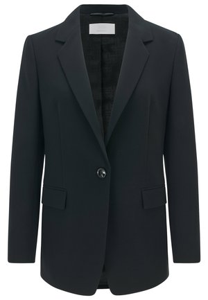 Sort blazer med en glat tekstur, enkelt knaplukning, slag med notch og to forlommer, med indvendig foring i mønster.