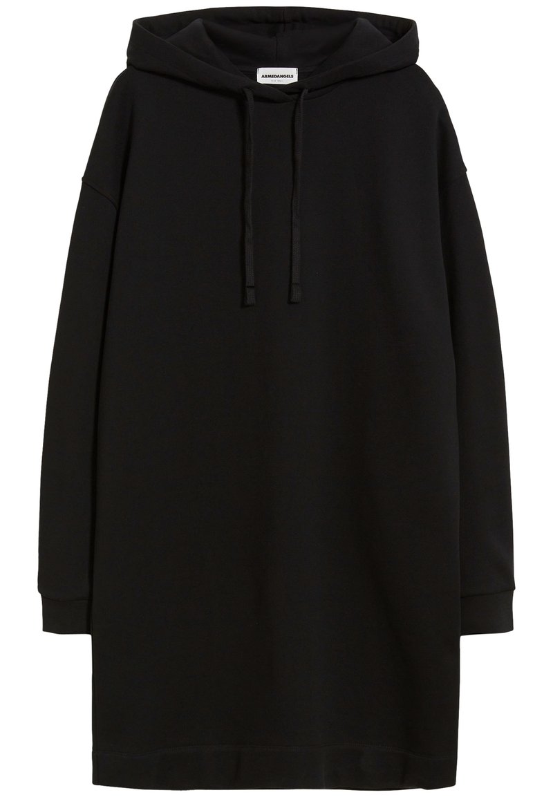 Robe sweat à capuche noire à manches longues avec capuche, cordons réglables et poignets côtelés, présentée sur fond blanc uni.